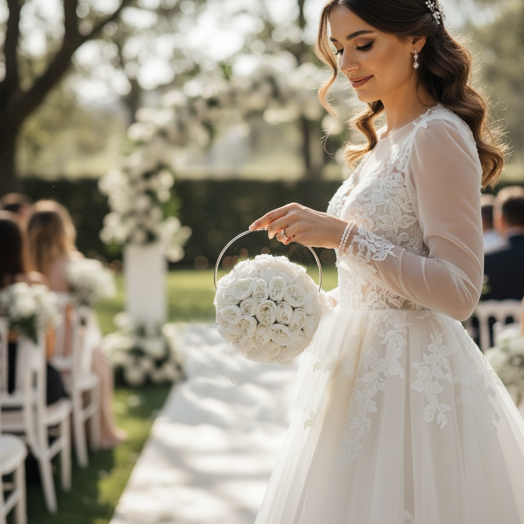 Pearl bridal bouquet white silk flowers elegant wedding – True Moments Company
