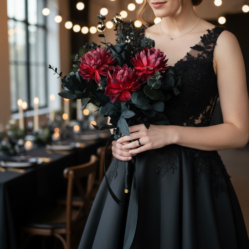 Wednesday bridal bouquet dark floral silk wedding – True Moments Company
