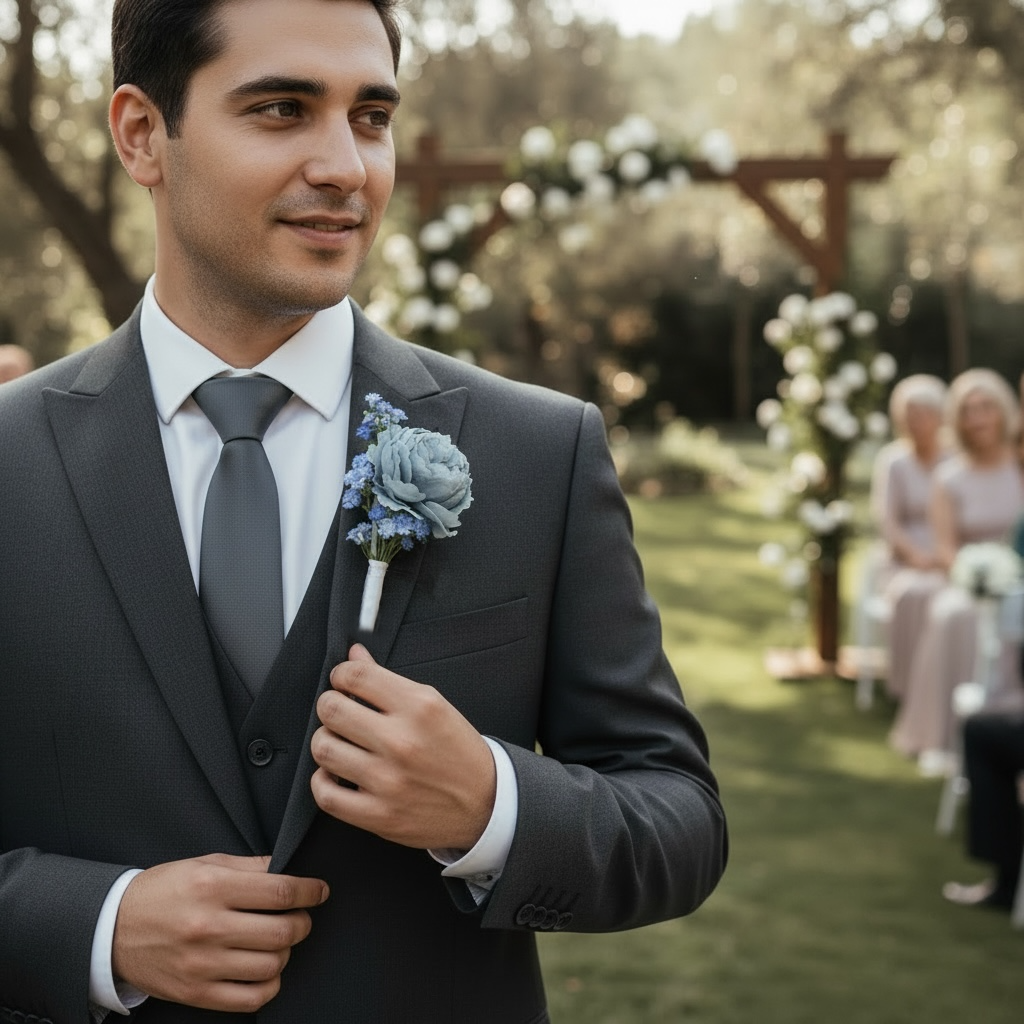 Blue Dream groom boutonniere silk flower wedding – True Moments Company
