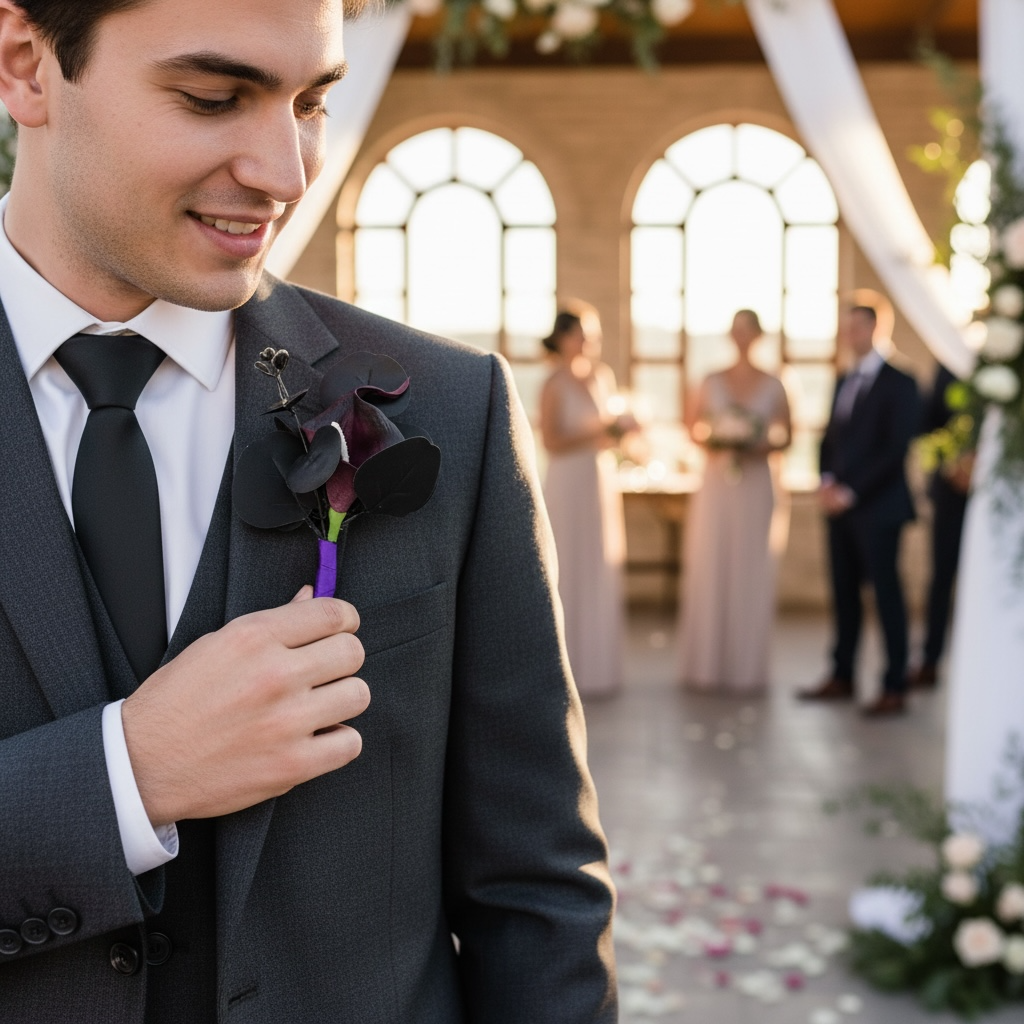 Purple Harmony groom boutonniere lavender silk flower wedding – True Moments Company