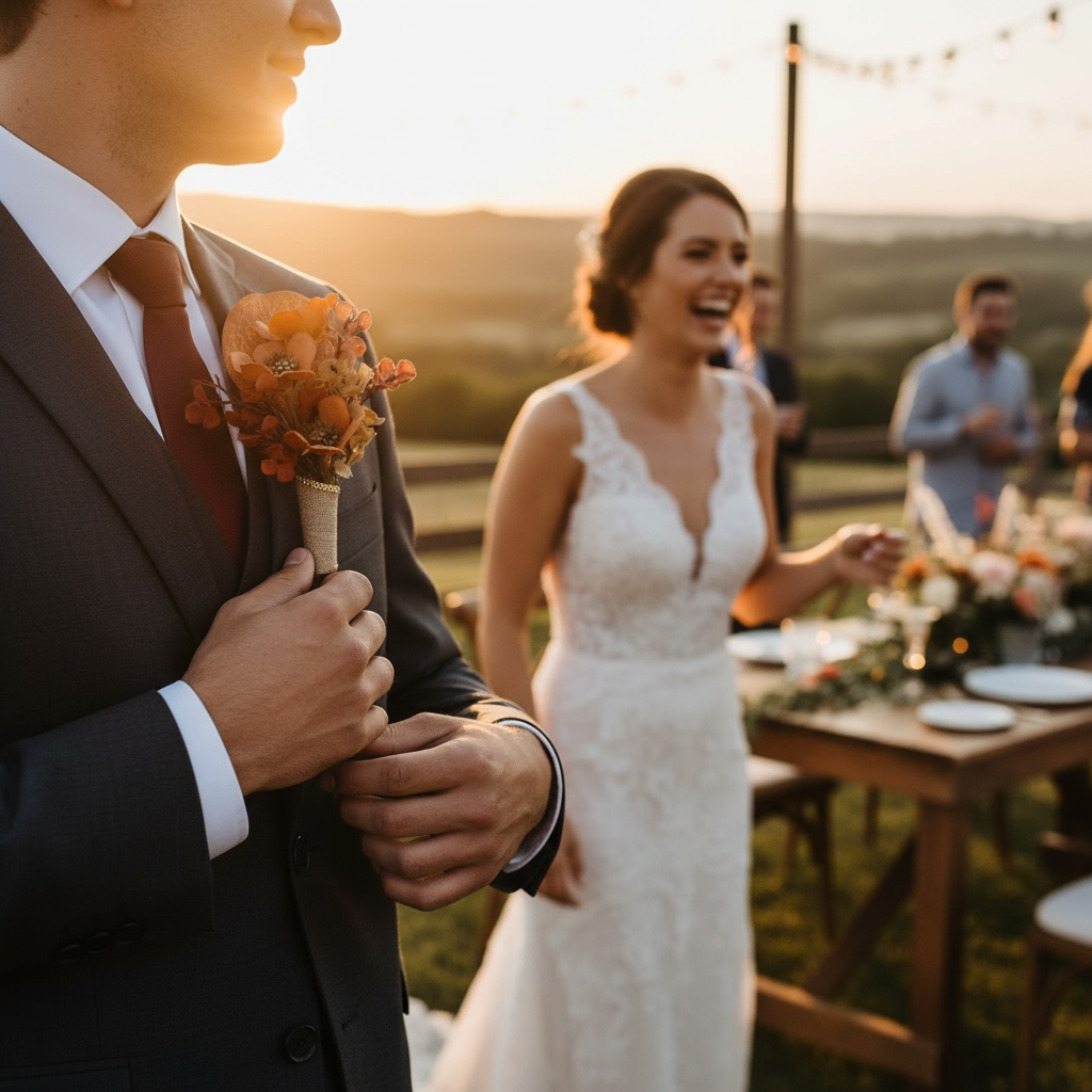 Sunset groom boutonniere warm tones silk flower wedding – True Moments Company