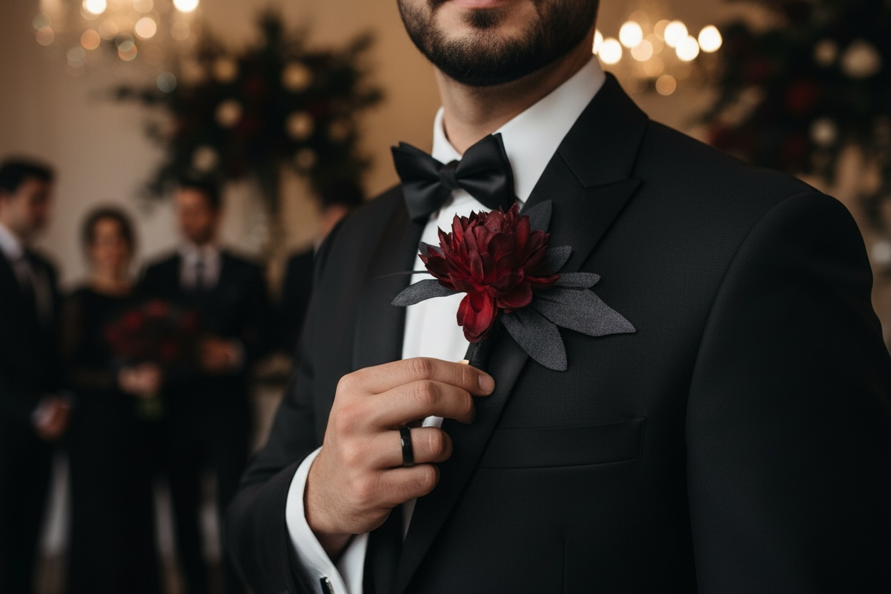 Wednesday groom boutonniere silk flower wedding – True Moments Company
