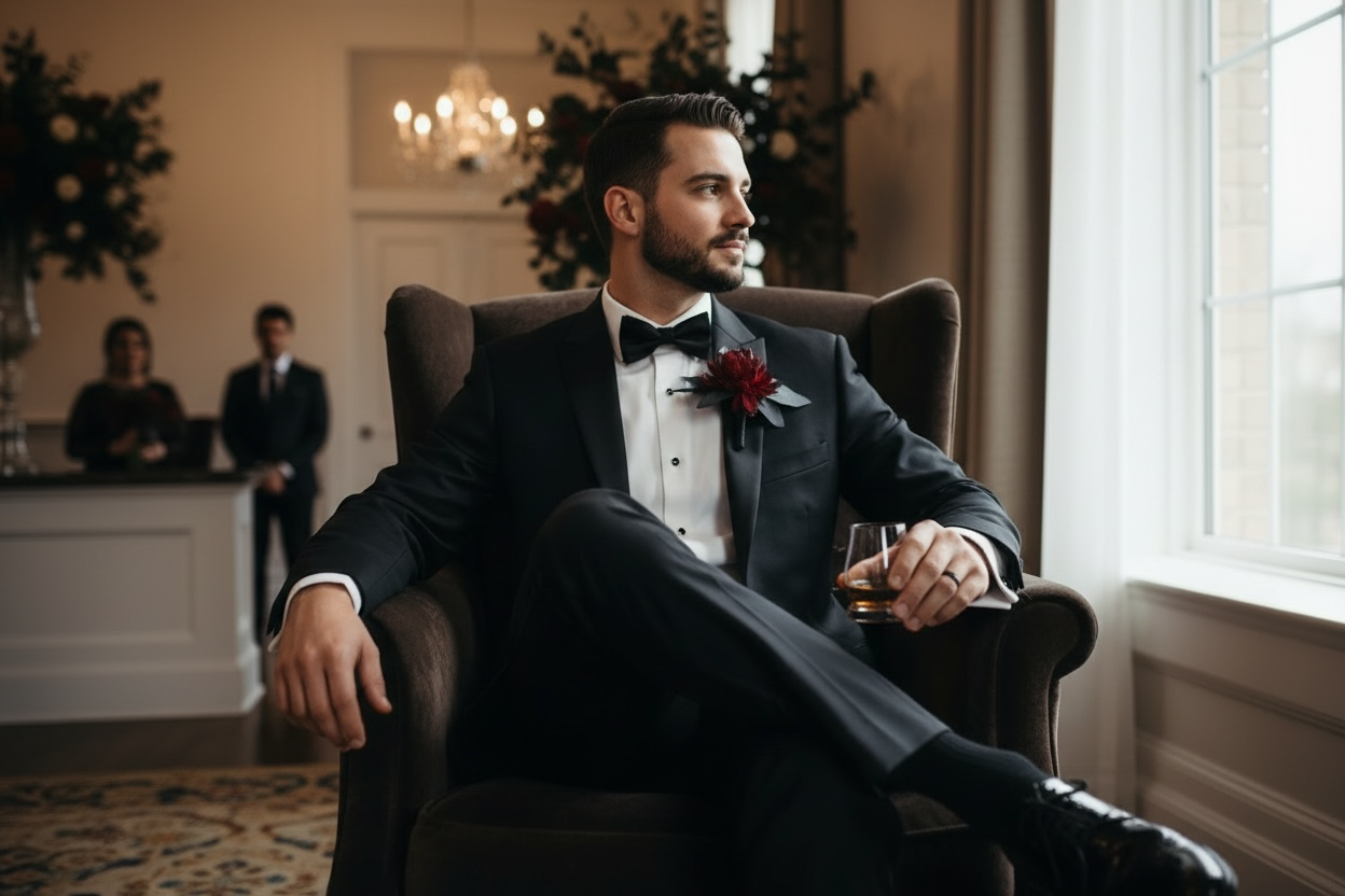 Wednesday groom boutonniere silk flower wedding – True Moments Company
