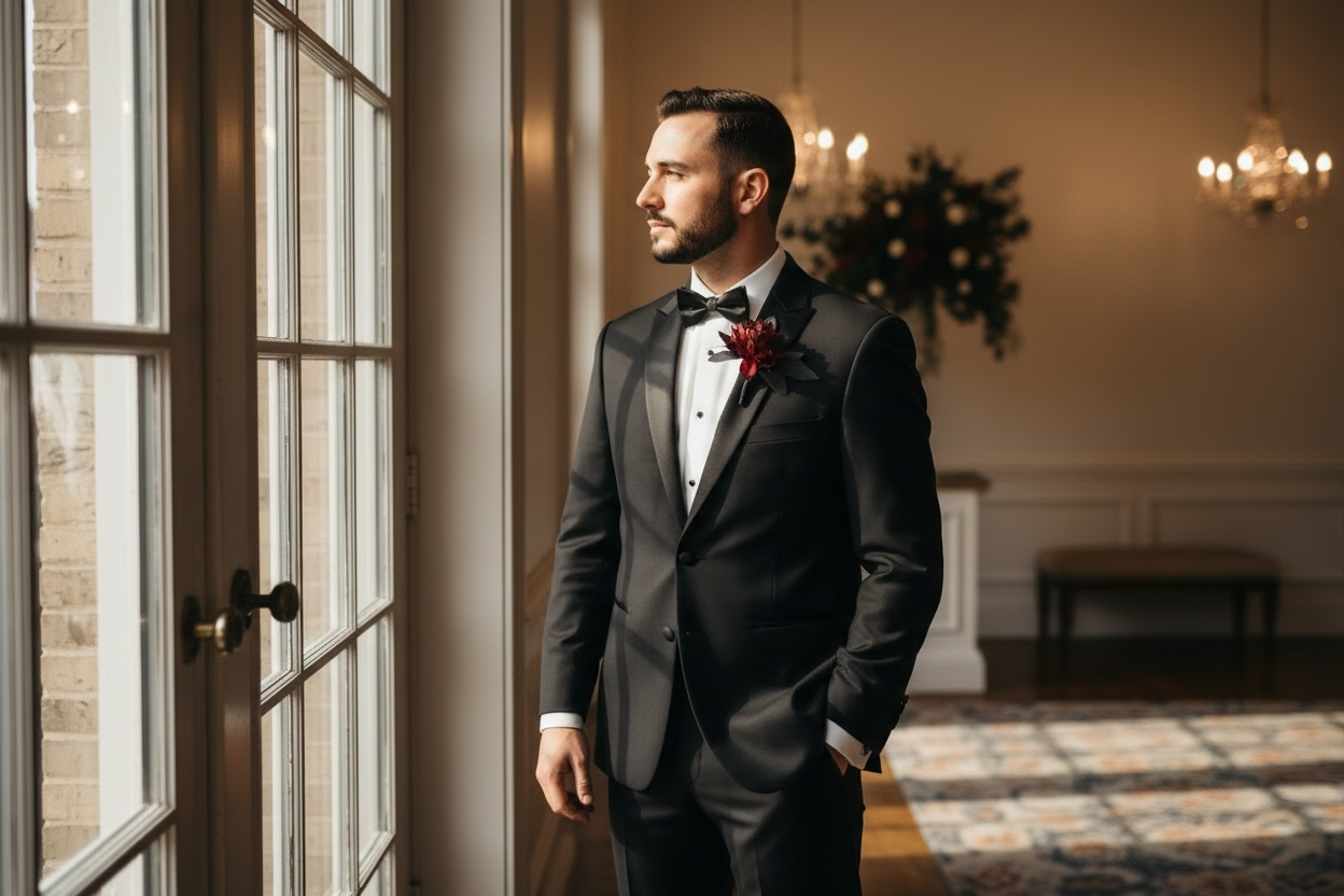 Wednesday groom boutonniere silk flower wedding – True Moments Company
