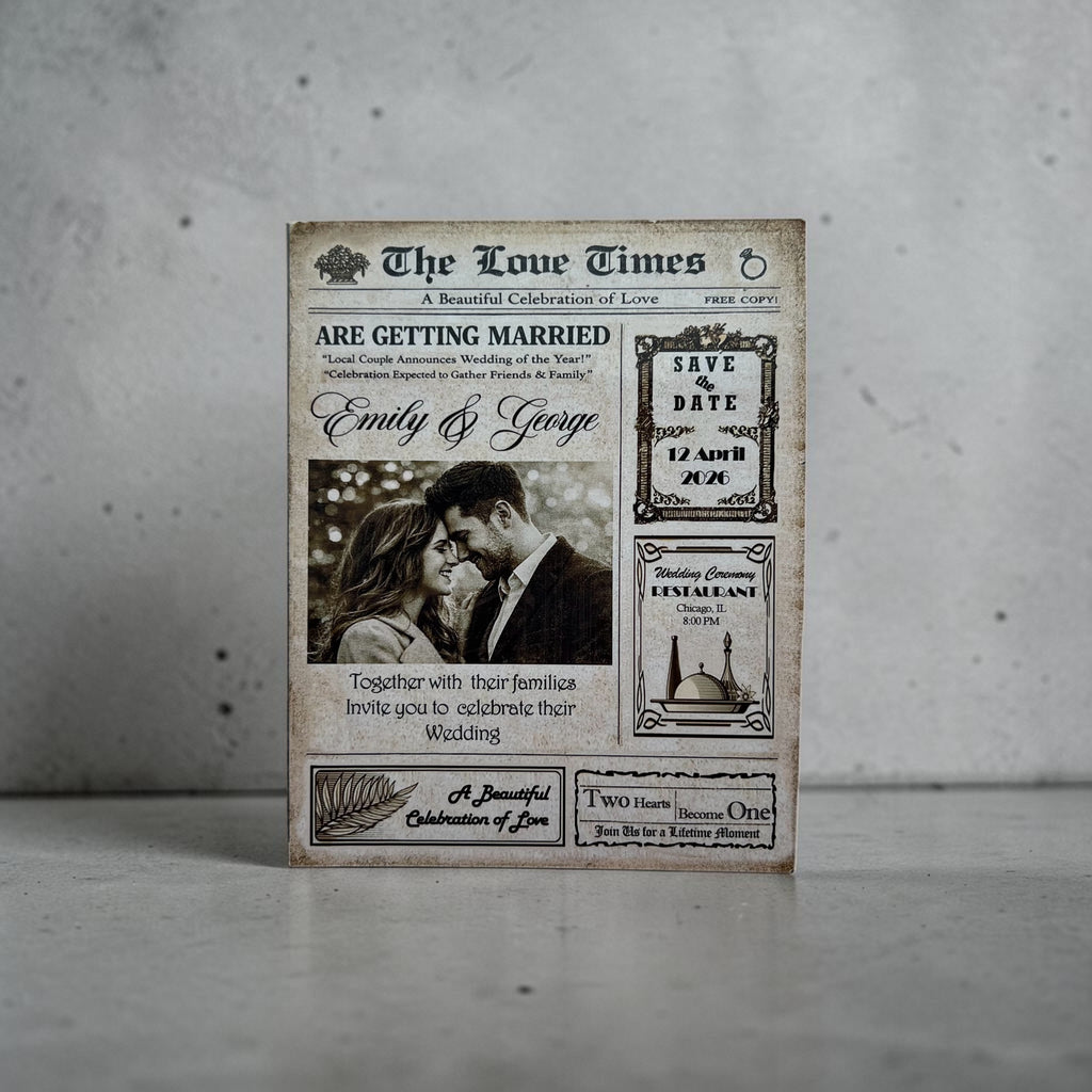 Save the Date magnet vintage newspaper style wedding – True Moments Company